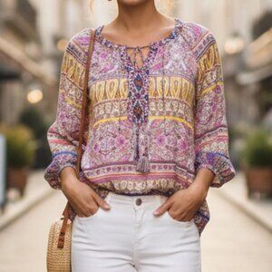 Fig and Flower Blouse Womens PXL Paisley Anthropologie Lace Inset Boho Top Fairy
